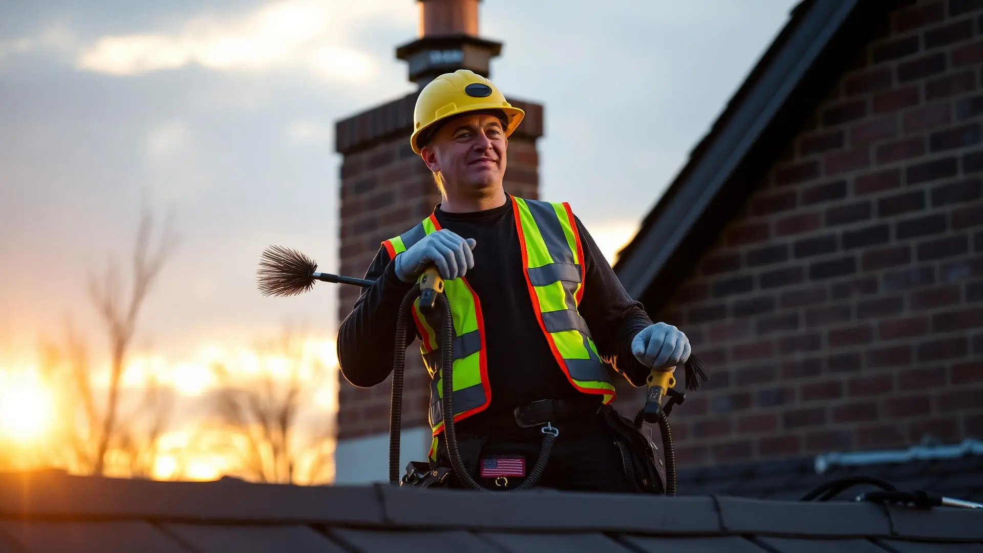 Chimney technician in a yellow hard hat and high-visibility vest on a roof at sunset, holding a flue brush and a vacuum hose beside a brick chimney